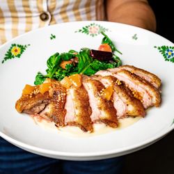 Osteria Morini - ANATRA: seared duck breast, sunchoke puree, baby beets, spinach
peach mostarda
