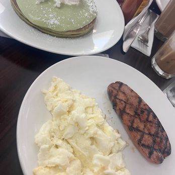 Lady C’s - Green tea Tiramisu pancakes with two egg white scramble and chicken sausage - Breakfast & Brunch Near Me - Tarzana, California