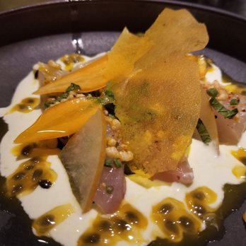Stubborn Seed - Fluke. Passion fruit. Paper thin carrots. Rice puff. Habanero creme. - New American Near Me - Miami Beach, Florida Stubborn Seed - Fluke. Passion fruit. Paper thin carrots. Rice puff. Habanero creme. - New American Near Me - Miami Beach, Florida