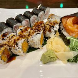 Sushi 99 - Sweet Potato Roll, Salmon Hand Roll, and Yellowtail Roll