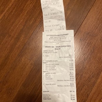 La Chocita - a receipt on a table - Tacos Near Me - Bladensburg, Maryland