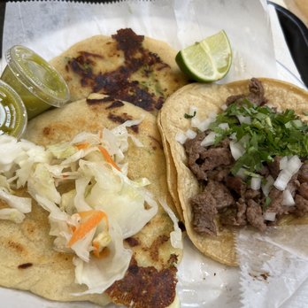 Ana's Kitchen - Jalapeo y Queso pupusa and steak taco. There was more cabbage on the side. - Salvadoran Near Me - Carol Stream, Illinois