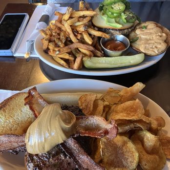 Burger Antics - PB and J burger with homemade BBQ potato chips and a Hotter than Hell burger with fries. - Burgers Near Me - Brookfield, Illinois Burger Antics - PB and J burger with homemade BBQ potato chips and a Hotter than Hell burger with fries. - Burgers Near Me - Brookfield, Illinois