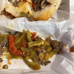 Pat's Pizza & Pasta - Cheesesteak with ketchup, fried onions, and sweet peppers