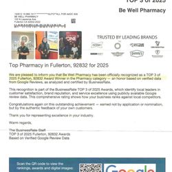Be Well Pharmacy - Top 3 Award for BWP ~