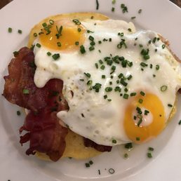 Pancakes with eggs and bacon