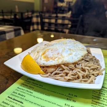 Lime Tree Southeast Asian Kitchen - garlic noodles with chicken $13. I added a fried egg. - Malaysian Near Me - San Francisco, California