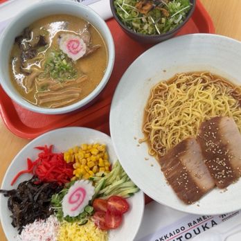 Hokkaido Ramen Santouka - Aerial view of my Toroniku Hiyashi (cold ramen) & classic A set w/ miso ramen + Negi rice bowl - Ramen Near Me - Irvine, California Hokkaido Ramen Santouka - Aerial view of my Toroniku Hiyashi (cold ramen) & classic A set w/ miso ramen + Negi rice bowl - Ramen Near Me - Irvine, California