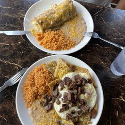 Chili Verda burrito and chilaquiles with carne asada Chili Verda burrito and chilaquiles with carne asada
