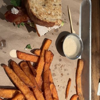 Not Your Average Joe's - Nashua - Turkey Club, sweet potato fries and Chipotle Aoli - New American Near Me - Nashua, New Hampshire