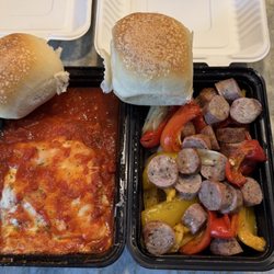 Homestyle Pizza - Eggplant Oarm on left Italian Sausage and Colored Peppers on right