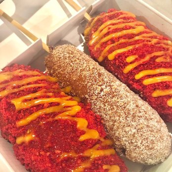 Two Hands Corn Dogs - Two spicy corn dogs-diff filling and a classic sugary dog (my fav) - Hot Dogs Near Me - Houston, Texas Two Hands Corn Dogs - Two spicy corn dogs-diff filling and a classic sugary dog (my fav) - Hot Dogs Near Me - Houston, Texas