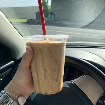 Peek-a-Brew - Caramel frappe pretty good! Also I didn't realize this was a bikini coffee stand... - Coffee & Tea Near Me - Union Gap, Washington