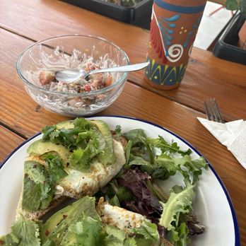 A Romo's Cafe - Avocado Toast with Chia Bowl and vanilla Iced Latte - Coffee & Tea Near Me - Hayward, California