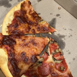 Pizza Plus - Congealed cheese and crispy crust. This was right as we got it.