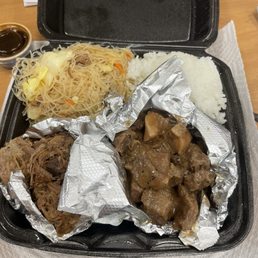 Pansit, white rice, Kaula pork and pork adobo