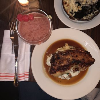 The Smith - Brick Pressed Chicken and Mac and Cheese with the Valentine's Day special cocktail - New American Near Me - New York, New York The Smith - Brick Pressed Chicken and Mac and Cheese with the Valentine's Day special cocktail - New American Near Me - New York, New York
