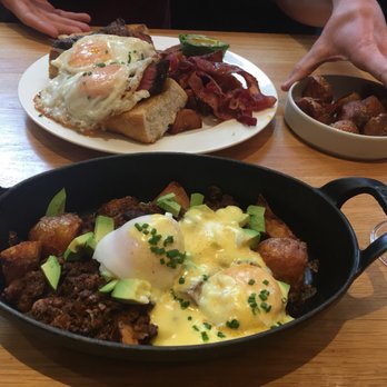 Earls Kitchen + Bar - Chorizo Mushroom Hash (front) & Steak & Eggs (back) - each just $8 on HH (til noon on the weekends) and SO good - Cocktail Bars Near Me - Denver, Colorado Earls Kitchen + Bar - Chorizo Mushroom Hash (front) & Steak & Eggs (back) - each just $8 on HH (til noon on the weekends) and SO good - Cocktail Bars Near Me - Denver, Colorado