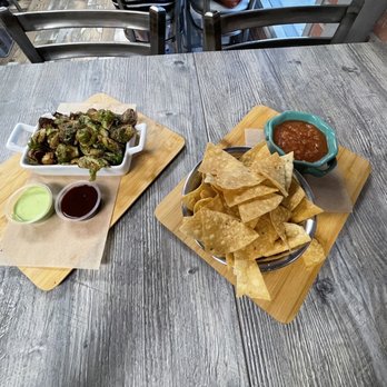 Tacos Madre - Chips and salsa with deep fried Brussels sprouts - Mexican Near Me - Costa Mesa, California