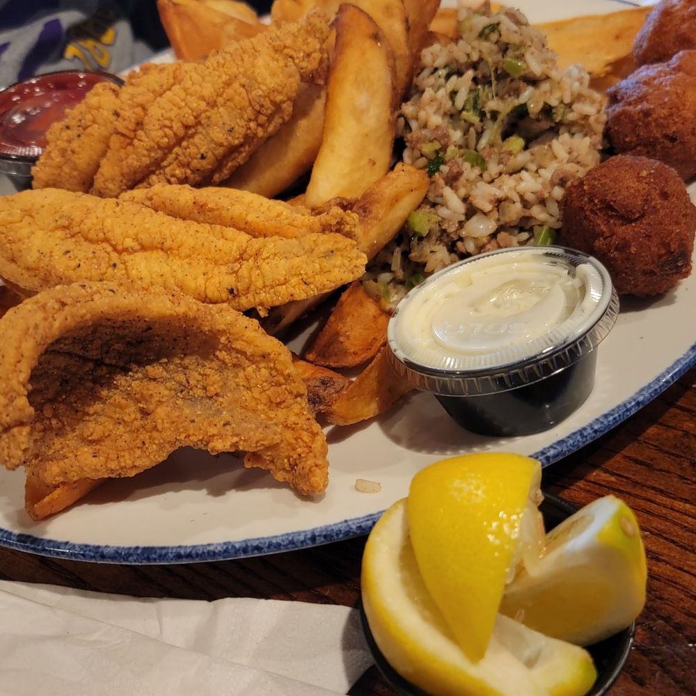 Parrain's Seafood - Fried catfish, dirty rice, French fries, hush puppies - Southern Near Me - Baton Rouge, Louisiana