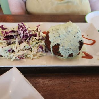 The Leaning Pear - Crab cake with cole slaw. - Sandwiches Near Me - Wimberley, Texas The Leaning Pear - Crab cake with cole slaw. - Sandwiches Near Me - Wimberley, Texas