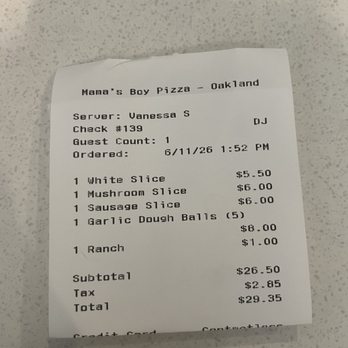 Mama's Boy - Receipt - Pizza Near Me - Oakland, California