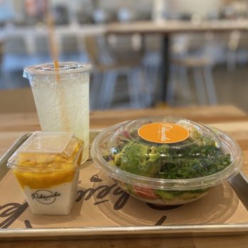 Pokeworks - a salad and a drink on a tray - Salad Near Me - Austin, Texas Pokeworks - a salad and a drink on a tray - Salad Near Me - Austin, Texas
