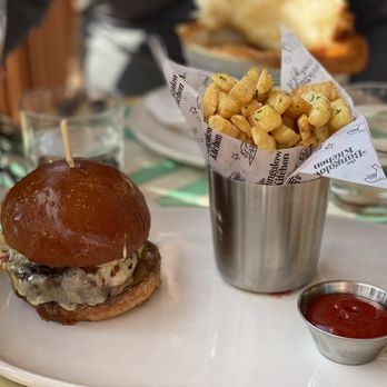 The Bungalow Kitchen - The Bungalow Wagyu Burger (White Cheddar Cheese, Onion Jam, Sliced Pickles & Crinkle-Cut Fries) - New American Near Me - Tiburon, California The Bungalow Kitchen - The Bungalow Wagyu Burger (White Cheddar Cheese, Onion Jam, Sliced Pickles & Crinkle-Cut Fries) - New American Near Me - Tiburon, California