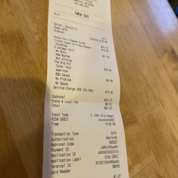Hell's Kitchen - Receipt showing a 20% service charge - New American Near Me - Minneapolis, Minnesota
