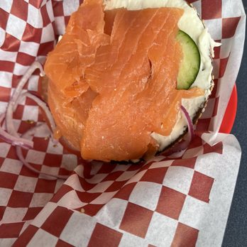 Brooklyn Bagel LAX - Sesame bagel twice toasted with CC, Lox, tomato, cucumber and red onion. - Bagels Near Me - Los Angeles, California