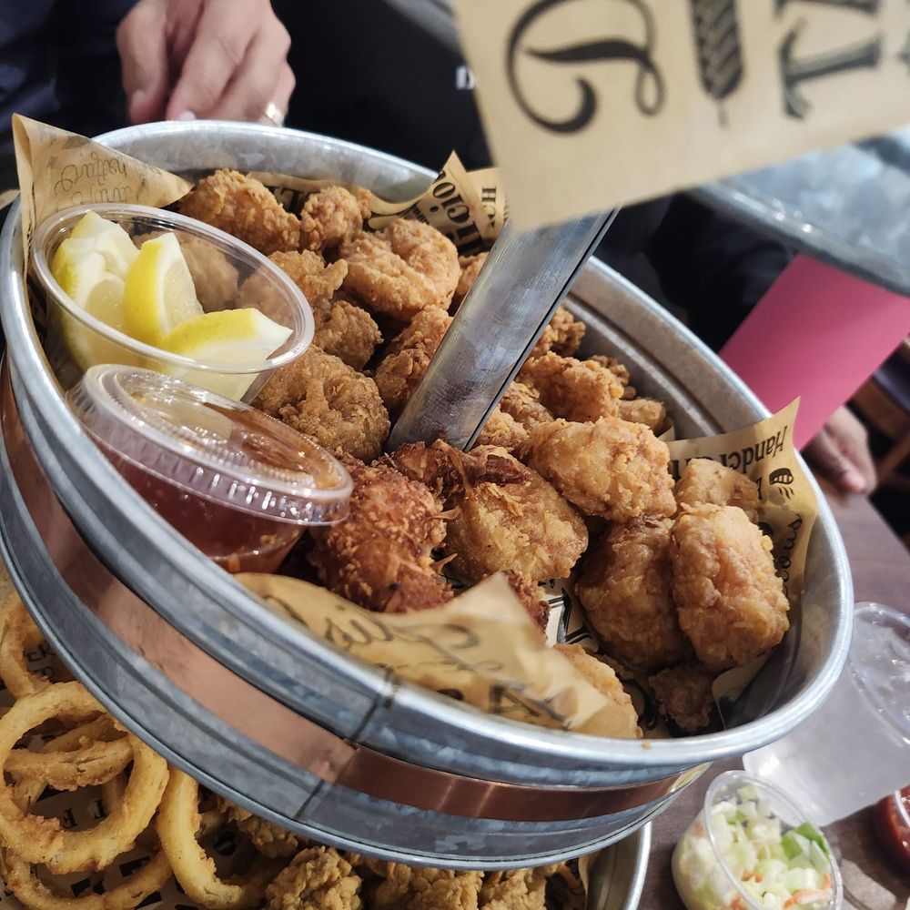 Coconut shrimp, fried shrimp, scallops, oysters, hush puppies, grouper bites, onion rings, and fries.