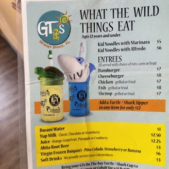 GTs On The Bay - kid's menu (with the $12 shark or turtle cups of water) as of 6/2/24 - American Near Me - Orange Beach, Alabama GTs On The Bay - kid's menu (with the $12 shark or turtle cups of water) as of 6/2/24 - American Near Me - Orange Beach, Alabama
