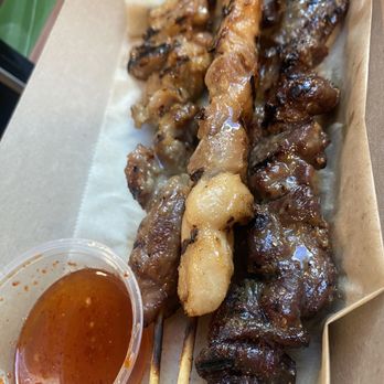 Three Monkeys - Skewer trio. The pork was fantastic; chicken and beef were just ok. - Thai Near Me - Santa Barbara, California