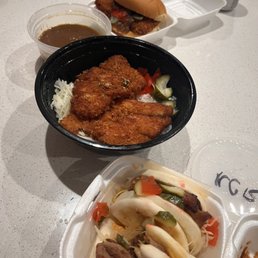 Pork katsu curry sando, chicken katsu curry bowl, and pork belly bao
