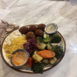 Falafel, basmati rice, steamed veggies