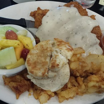 Maple Leaf Diner - Chicken fried chicken breakfast with a biscuit and fruit instead of eggs - American Near Me - Dallas, Texas Maple Leaf Diner - Chicken fried chicken breakfast with a biscuit and fruit instead of eggs - American Near Me - Dallas, Texas