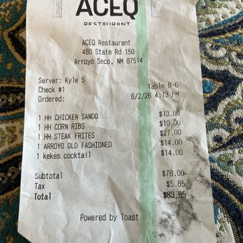 ACEQ Restaurant - Our tab. - New American Near Me - Arroyo Seco, New Mexico ACEQ Restaurant - Our tab. - New American Near Me - Arroyo Seco, New Mexico