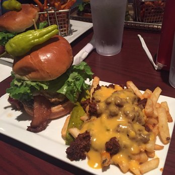 Hops Burger Bar - The North Carolinian with chili cheese fries - Burgers Near Me - Greensboro, North Carolina