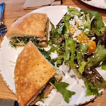 Urbane Cafe - Chicken pesto sandwich on focaccia with a very nice side salad - Sandwiches Near Me - Los Angeles, California Urbane Cafe - Chicken pesto sandwich on focaccia with a very nice side salad - Sandwiches Near Me - Los Angeles, California