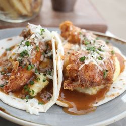 LouVino - LouVino Classic Fried Chicken Tacos - crispy chicken, garlic whipped potato, cheddar, pepper gravy