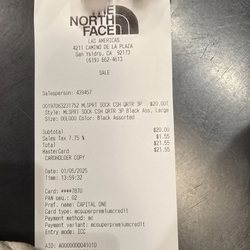 The North Face Las Americas Premium Outlets - Receipt where the fifty percent of socks with charge at full price.