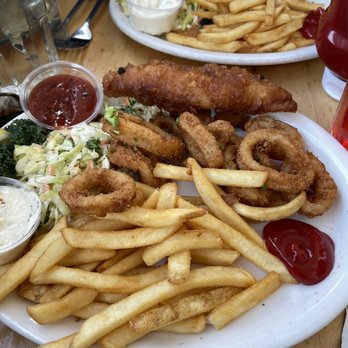 Brophy Bros - Fried Calamari and Fries, plus a piece of my husband's fish. - Seafood Near Me - Santa Barbara, California