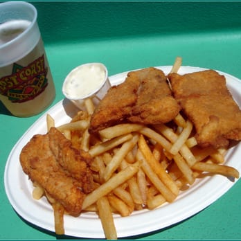 Avalon Seafood - Fish & chips (tarter sauce) & Spaten beer. - Fish & Chips Near Me - Avalon, California Avalon Seafood - Fish & chips (tarter sauce) & Spaten beer. - Fish & Chips Near Me - Avalon, California