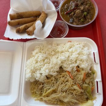The Philippine Kitchen - 1 Item combo with igado (beef and peas), 1/2 and 1/2 pancit and rice, and Shanghi Lumpia. - Filipino Near Me - Fresno, California