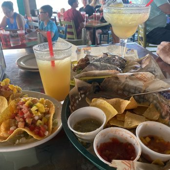 Nacho Hippo - Banging shrimp tacos, salsa sampler, chicken taco and Baja fish - Mexican Near Me - North Myrtle Beach, South Carolina