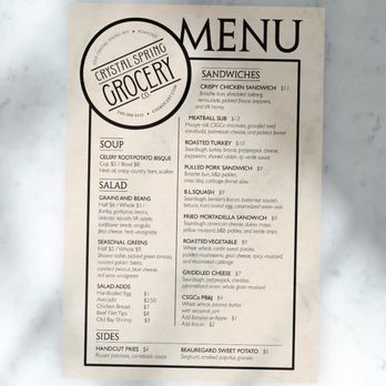 Crystal Spring Grocery - a menu on a marble table - Comfort Food Near Me - Roanoke, Virginia Crystal Spring Grocery - a menu on a marble table - Comfort Food Near Me - Roanoke, Virginia