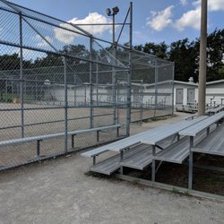 Clanton Park - Looking at the 3rd baseline bleachers of the eastern baseball diamond as well as the bathroom building. August 2018