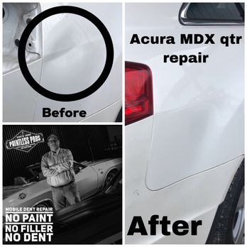 Paintless Pros Dent Repair - This Acura MDX has a nasty little dent in rear quarter panel. Repaired without painting at the customer's home in only 2 hours - Mobile Dent Repair Near Me