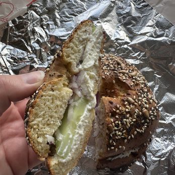 Mariposa Baking - everyseed bagel with cucumber, red onion, and cream cheese - Bakeries Near Me - San Francisco, California Mariposa Baking - everyseed bagel with cucumber, red onion, and cream cheese - Bakeries Near Me - San Francisco, California
