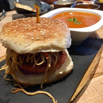 Bhai's Indian Canteen - Veggie burger with hakka noodles, with a side of tomato soup. Burger great, would pass on the soup! - Vegetarian Near Me - Richmond Hill, Ontario Bhai's Indian Canteen - Veggie burger with hakka noodles, with a side of tomato soup. Burger great, would pass on the soup! - Vegetarian Near Me - Richmond Hill, Ontario